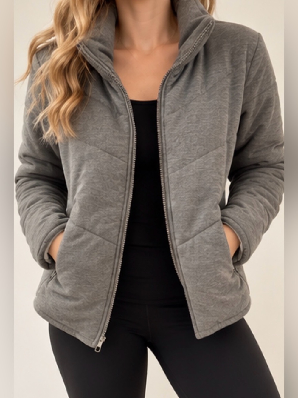 Three Dots Gray Quilted Puffer Jacket Women’s Small S Full Zip